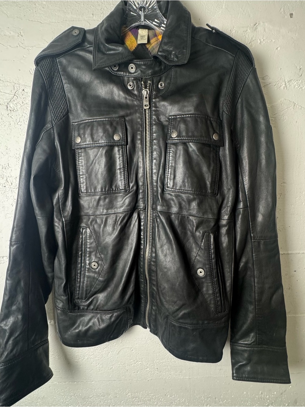 Diesel 100% Sheep Leather Biker Moto Style Hoodie Jacket Men's Size Large Y2K